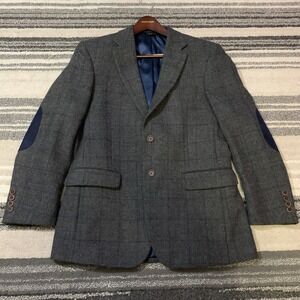 JOS A BANK Mens Tweed Sport Coat Two Button Windowpane Plaid Wool Gray 40R Elbow